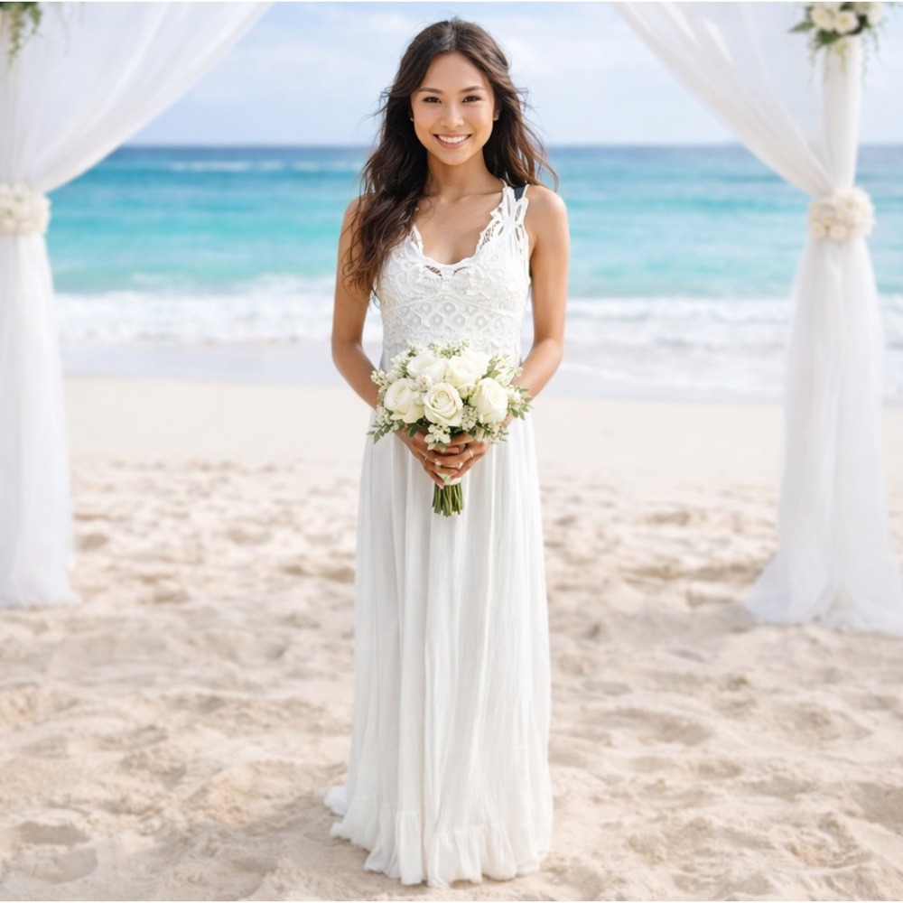 Rue21 White Lace Boho Maxi Dress XS Bridal Beach Wedding Empire Waist Ruffle Hem